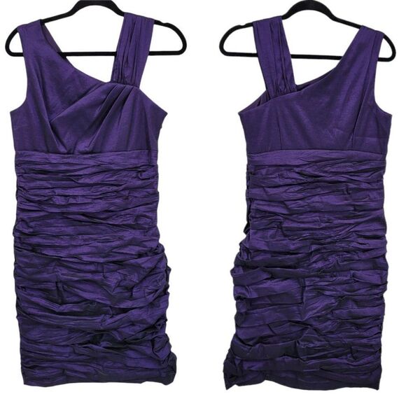 Vtg 90s J. Taylor Dress Formal Ruched Asymmetrical Bodycon Metallic Purple Sz 10 - Picture 1 of 11